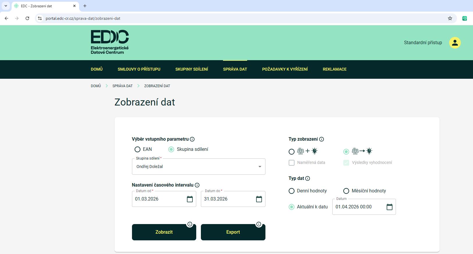 EDC portál – nastavení exportu